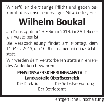 Traueranzeige von Wilhelm Boukal von OÖNachrichten