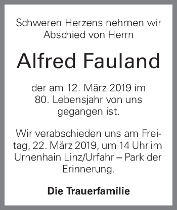 Traueranzeige von Alfred Fauland von OÖNachrichten