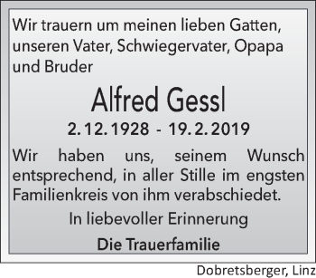 Traueranzeige von Alfred Gessl von OÖNachrichten