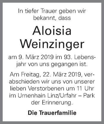 Traueranzeige von Aloisia Weinzinger von OÖNachrichten