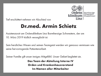 Traueranzeige von Armin Schietz von OÖNachrichten