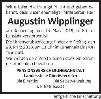 Traueranzeige von Augustin Wipplinger von OÖNachrichten