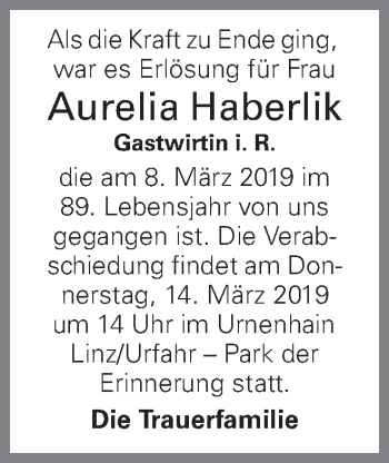 Traueranzeige von Aurelia Haberlik von OÖNachrichten