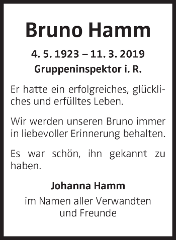 Traueranzeige von Bruno Hamm von OÖNachrichten