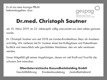 Traueranzeige von Christoph Sautner von OÖNachrichten
