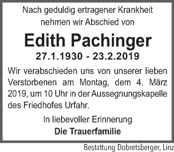Traueranzeige von Edith Pachinger von OÖNachrichten