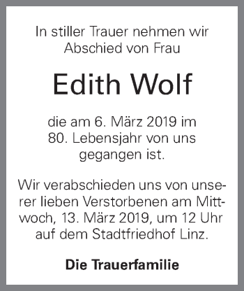 Traueranzeige von Edith Wolf von OÖNachrichten