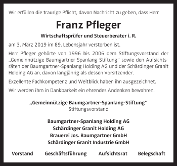 Traueranzeige von Franz Pfleger von OÖNachrichten