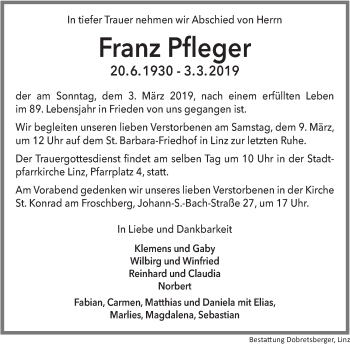 Traueranzeige von Franz Pfleger von OÖNachrichten