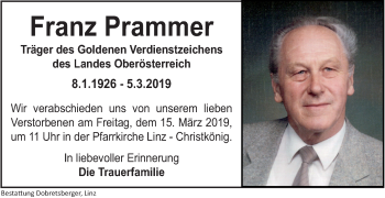 Traueranzeige von Franz Prammer von OÖNachrichten