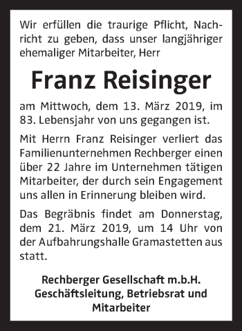Traueranzeige von Franz Reisinger von OÖNachrichten