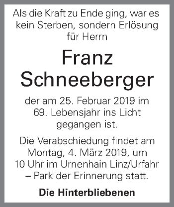 Traueranzeige von Franz Schneeberger von OÖNachrichten