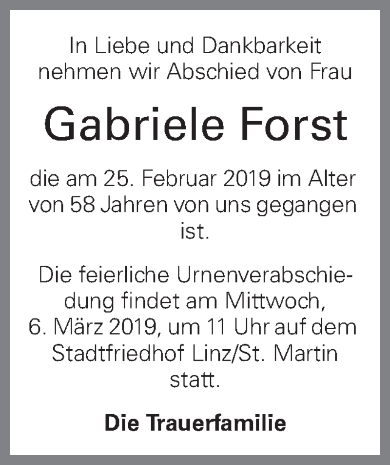  Traueranzeige für Gabriele Forst vom 02.03.2019 aus OÖNachrichten