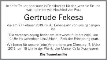 Traueranzeige von Gertrude Fekesa von OÖNachrichten