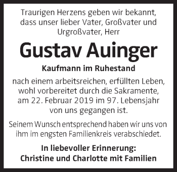 Traueranzeige von Gustav Auinger von OÖNachrichten