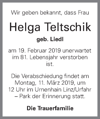 Traueranzeige von Helga Teltschik von OÖNachrichten