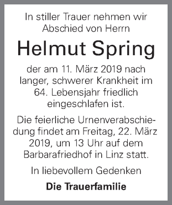 Traueranzeige von Helmut Spring von OÖNachrichten
