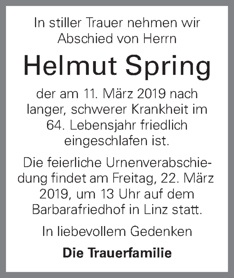  Traueranzeige für Helmut Spring vom 16.03.2019 aus OÖNachrichten