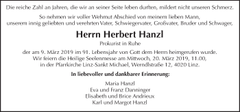 Traueranzeige von Herbert Hanzl von OÖNachrichten