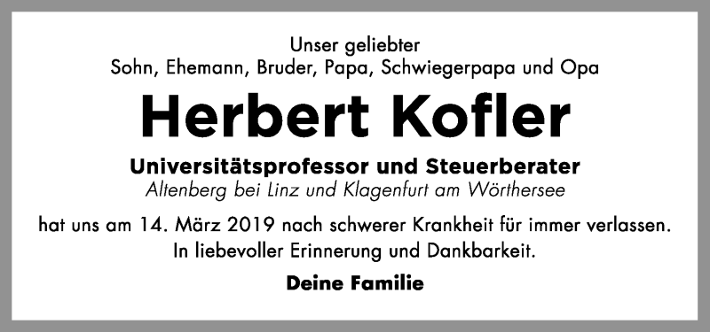  Traueranzeige für Herbert Kofler vom 16.03.2019 aus OÖNachrichten