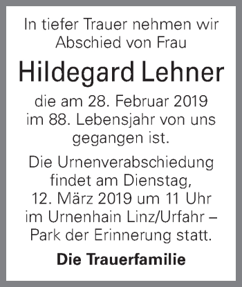 Traueranzeige von Hildegard Lehner von OÖNachrichten