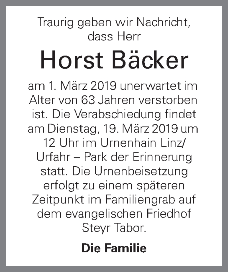  Traueranzeige für Horst Bäcker vom 06.03.2019 aus OÖNachrichten