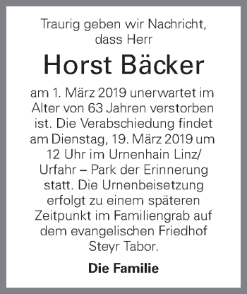 Traueranzeige von Horst Bäcker von OÖNachrichten