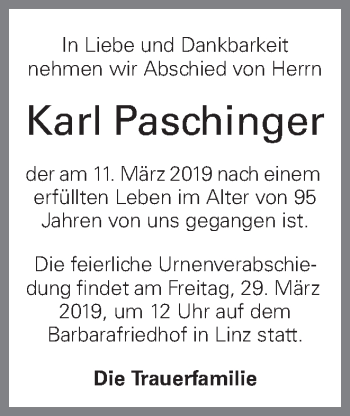 Traueranzeige von Karl Paschinger von OÖNachrichten