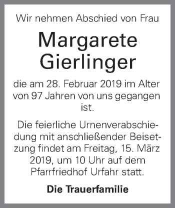 Traueranzeige von Margarete Gierlinger von OÖNachrichten