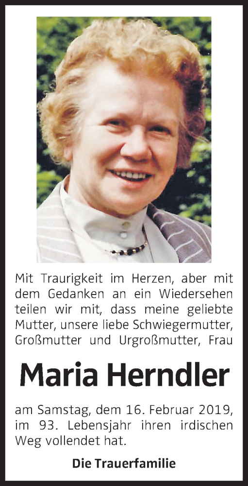  Traueranzeige für Maria Herndler vom 28.02.2019 aus OÖNachrichten