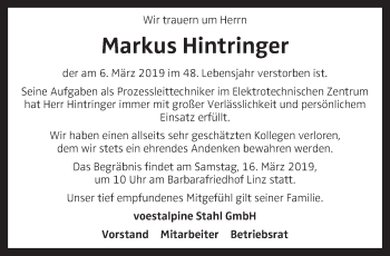 Traueranzeige von Markus Hintringer von OÖNachrichten