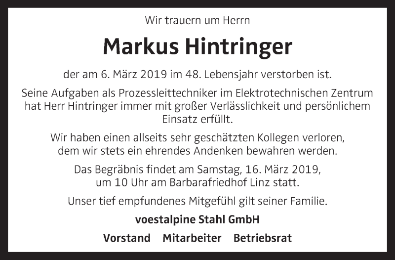  Traueranzeige für Markus Hintringer vom 12.03.2019 aus OÖNachrichten