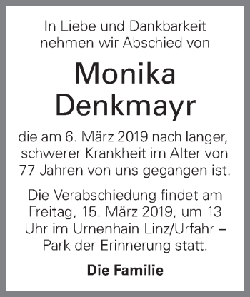 Traueranzeige von Monika Denkmayr von OÖNachrichten