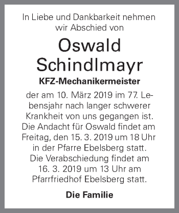 Traueranzeige von Oswald Schindlmayr von OÖNachrichten