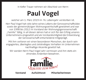 Traueranzeige von Paul Vogel von OÖNachrichten
