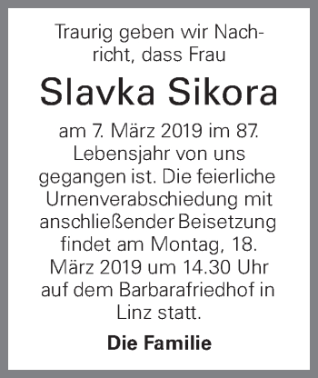 Traueranzeige von Slavka Sikora von OÖNachrichten