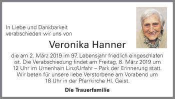 Traueranzeige von Veronika Hanner von OÖNachrichten