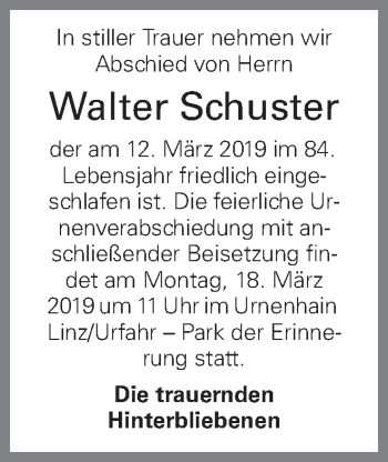 Traueranzeige von Walter Schuster von OÖNachrichten