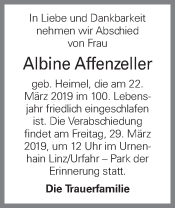 Traueranzeige von Albine Affenzeller von OÖNachrichten