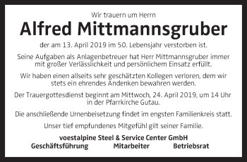Traueranzeige von Alfred Mittmannsgruber von OÖNachrichten
