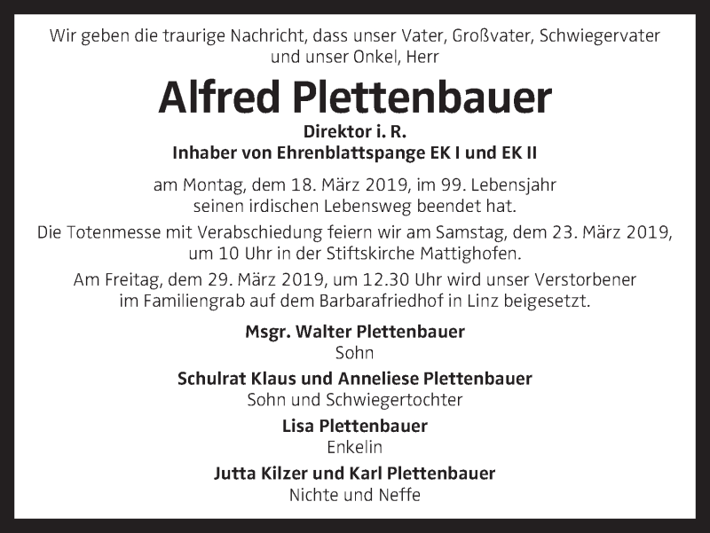  Traueranzeige für Alfred Plettenbauer vom 21.03.2019 aus OÖNachrichten
