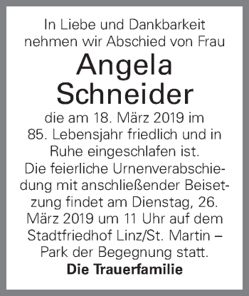 Traueranzeige von Angela Schneider von OÖNachrichten
