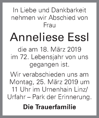 Traueranzeige von Anneliese Essl von OÖNachrichten