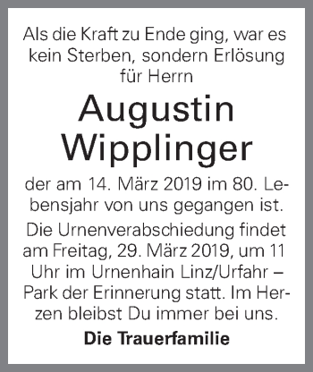 Traueranzeige von Augustin Wipplinger von OÖNachrichten