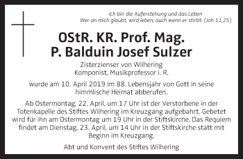 Traueranzeige von Balduin Josef Sulzer von OÖNachrichten