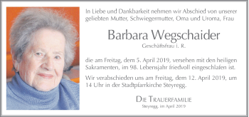 Traueranzeige von Barbara Wegschaider von OÖNachrichten