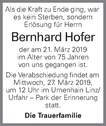 Traueranzeige von Bernhard Hofer von OÖNachrichten