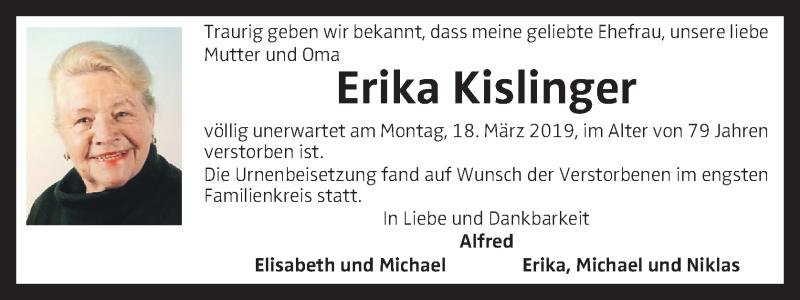  Traueranzeige für Erika Kislinger vom 30.03.2019 aus OÖNachrichten