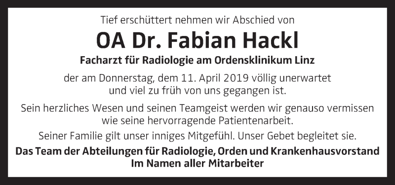  Traueranzeige für Fabian Hackl vom 18.04.2019 aus OÖNachrichten