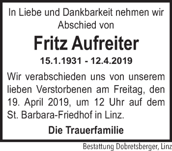 Traueranzeige von Fritz Aufreiter von OÖNachrichten